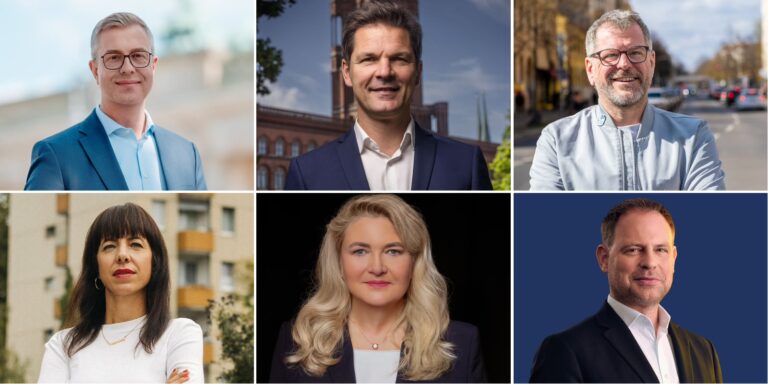 Die sechs Spitzenkandidatinnen und Spitzenkandidaten zur Berliner Abgeordnetenhauswahl 2026